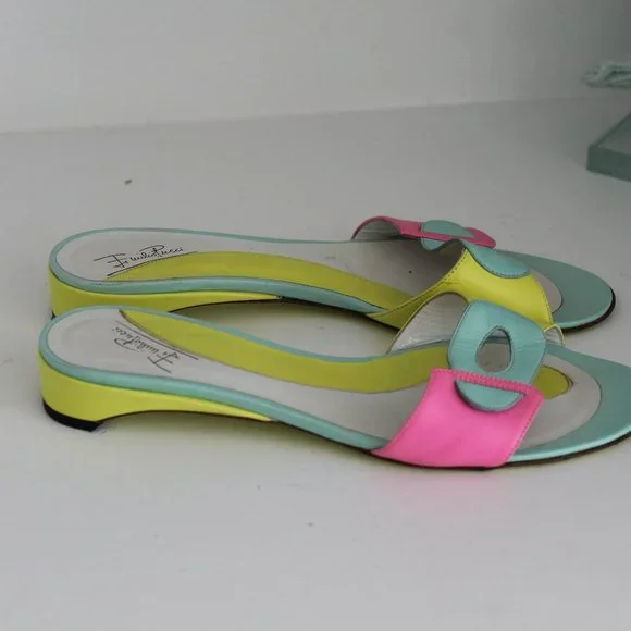 RARE RETRO Emilio Pucci Colorblock Leather Yellow Pink Green Slides Sandals 37.5 - Picture 4 of 11